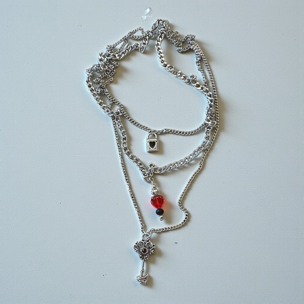 Layered Gothic Heart Lock and Key Pendant Necklace - Picture 5 of 16